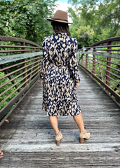 Navy V Neck Pleated Long Sleeve Dress with Belt