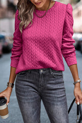 Rose Cable Textured Round Neck Puff Sleeve Top