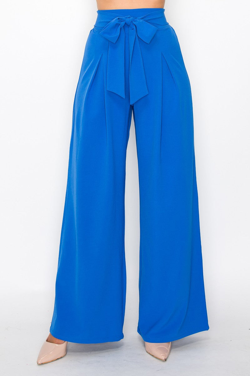 Bright Blue Solid Waist Tie Palazzo Pants