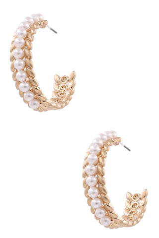 Worn Gold Cream Pearl Open Hoop Earrings
