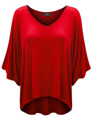 Red V Neck High Low Batwing Dolman Top