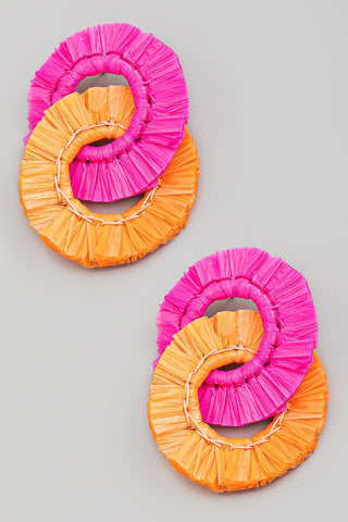 Pink/Orange Linked Raffia Fringe Hoop Drop Earrings
