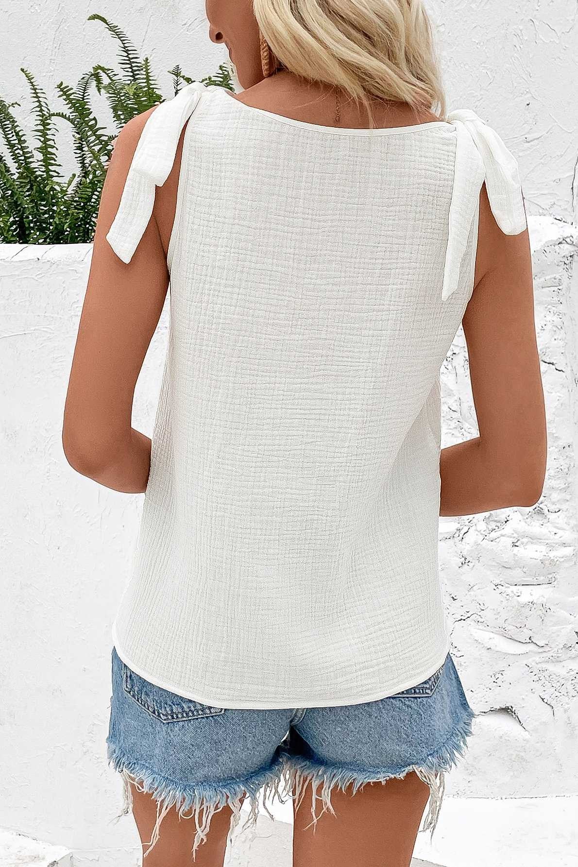 White Textured V-Neck Tie Strap Top