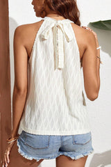 Light Beige Frenchy Lace Trim Textured Halter Tank Top