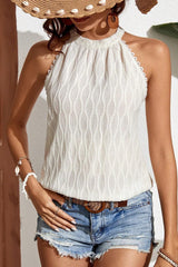 Light Beige Frenchy Lace Trim Textured Halter Tank Top