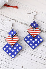 Geometric Wooden Star Stripe Flag Dangle Earrings