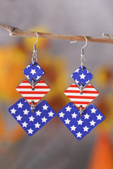 Geometric Wooden Star Stripe Flag Dangle Earrings