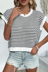 Black and White Women's Striped Round Neck Loose Knit Top