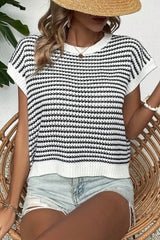 Black and White Women's Striped Round Neck Loose Knit Top