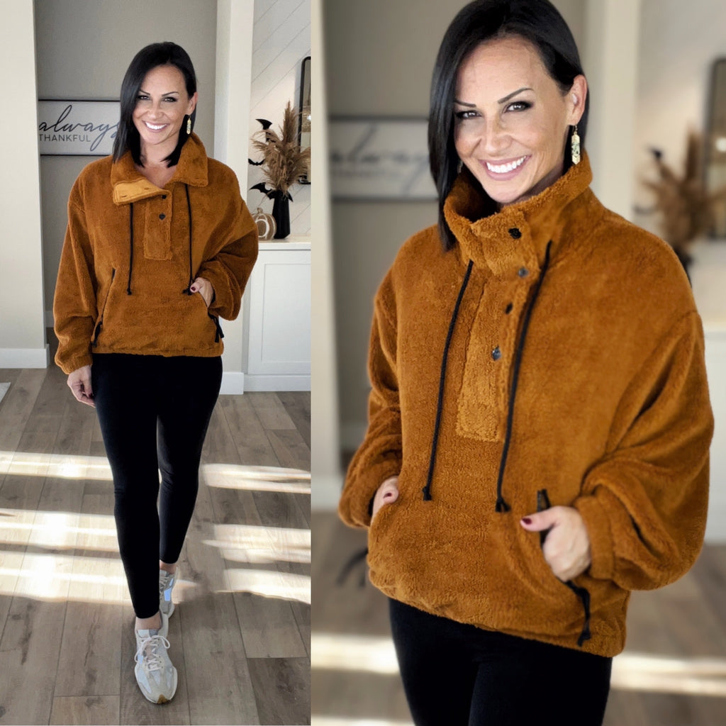 Terracotta Faux Fur Solid Long Sleeve Front Button Down Top
