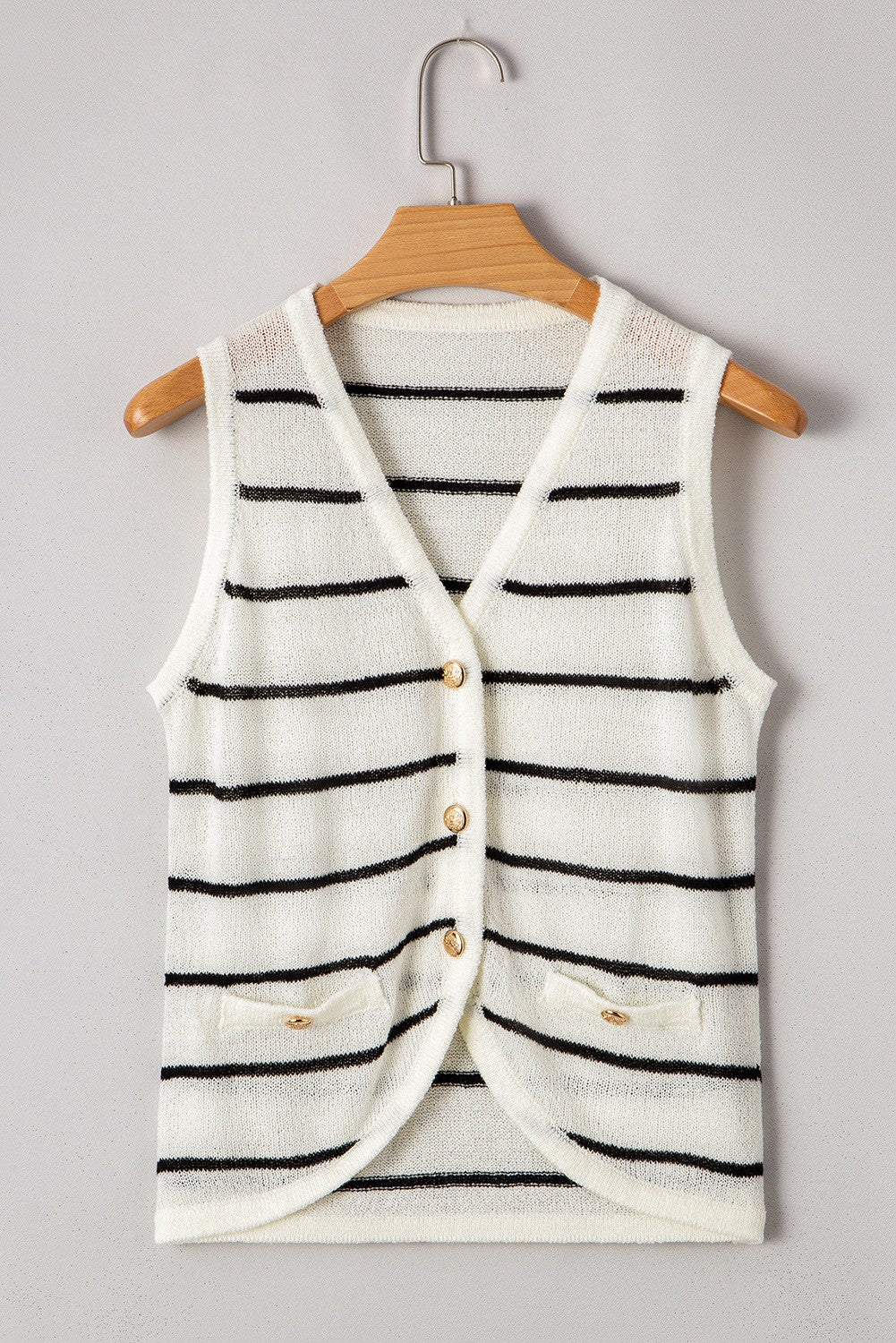 Black & White Stripe Buttoned V Neck Slim Fit Knit Vest