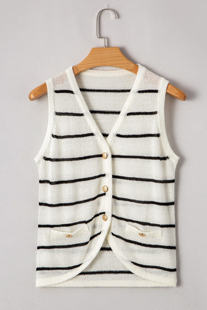 Black & White Stripe Buttoned V Neck Slim Fit Knit Vest