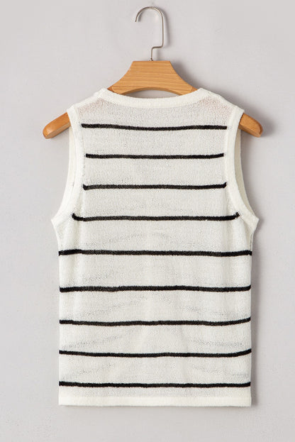 Black & White Stripe Buttoned V Neck Slim Fit Knit Vest