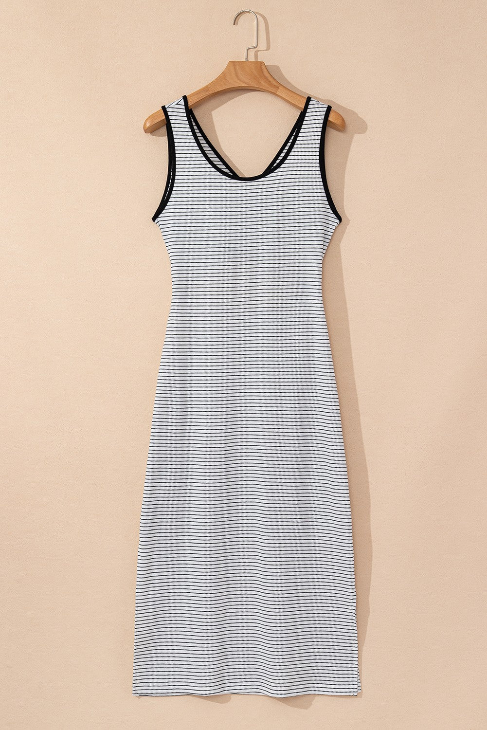 Black & White Stripe Criss Cross Side Slits Slim Fit Midi Dress