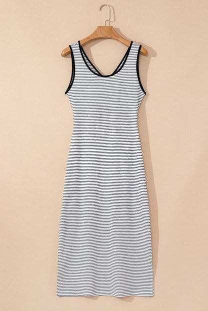 Black & White Stripe Criss Cross Side Slits Slim Fit Midi Dress