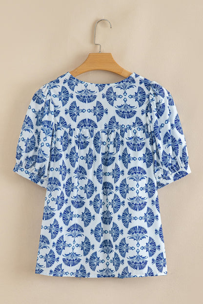 Blue and White Geometric Print Tassel Drawstring V Neck Blouse