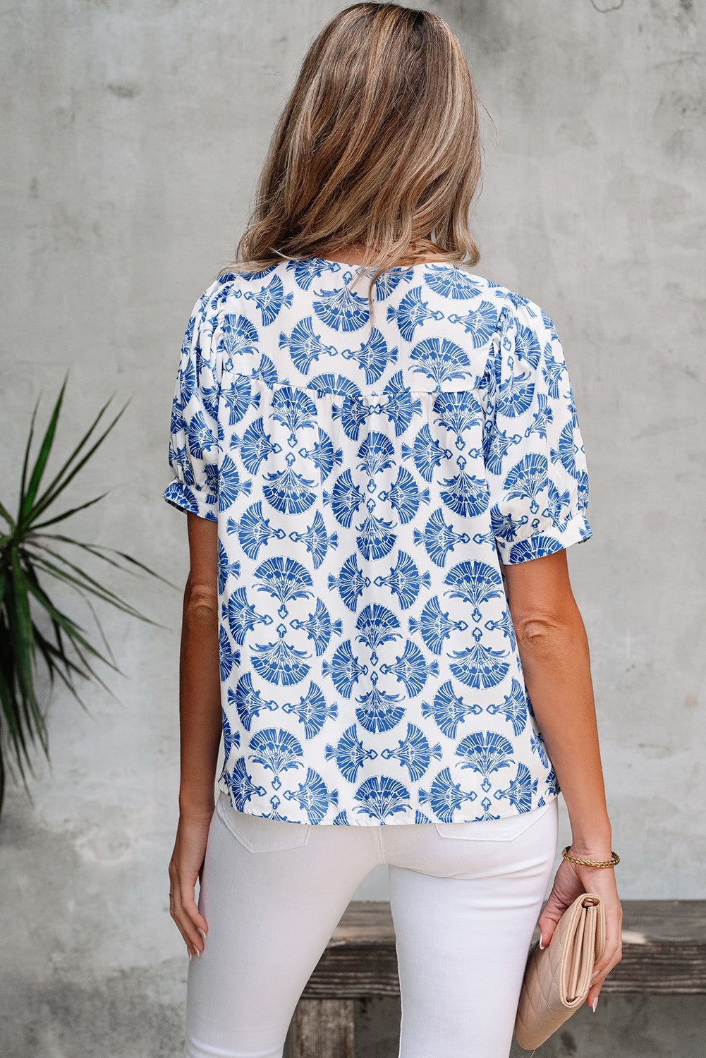 Blue and White Geometric Print Tassel Drawstring V Neck Blouse