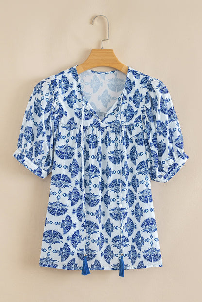 Blue and White Geometric Print Tassel Drawstring V Neck Blouse