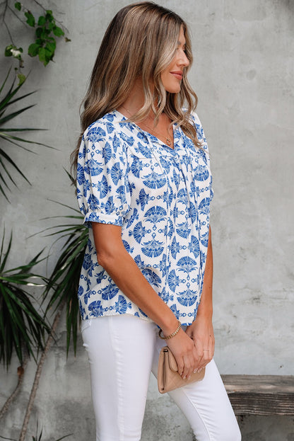 Blue and White Geometric Print Tassel Drawstring V Neck Blouse