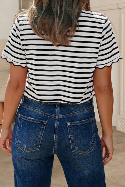 Black & White Stripe Scalloped Trim Round Neck Top