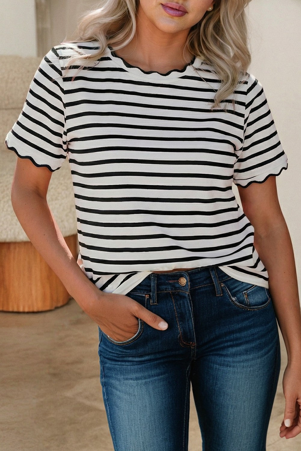 Black & White Stripe Scalloped Trim Round Neck Top