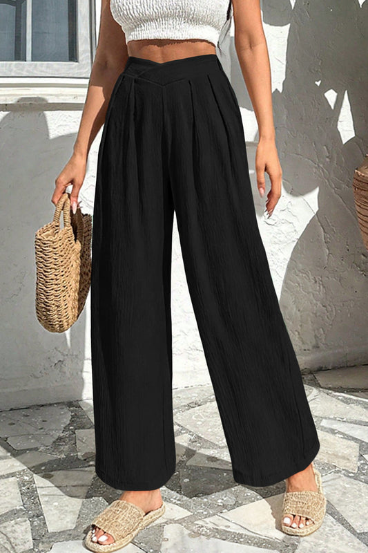 Black Textured Crossed Waist Loose Pants