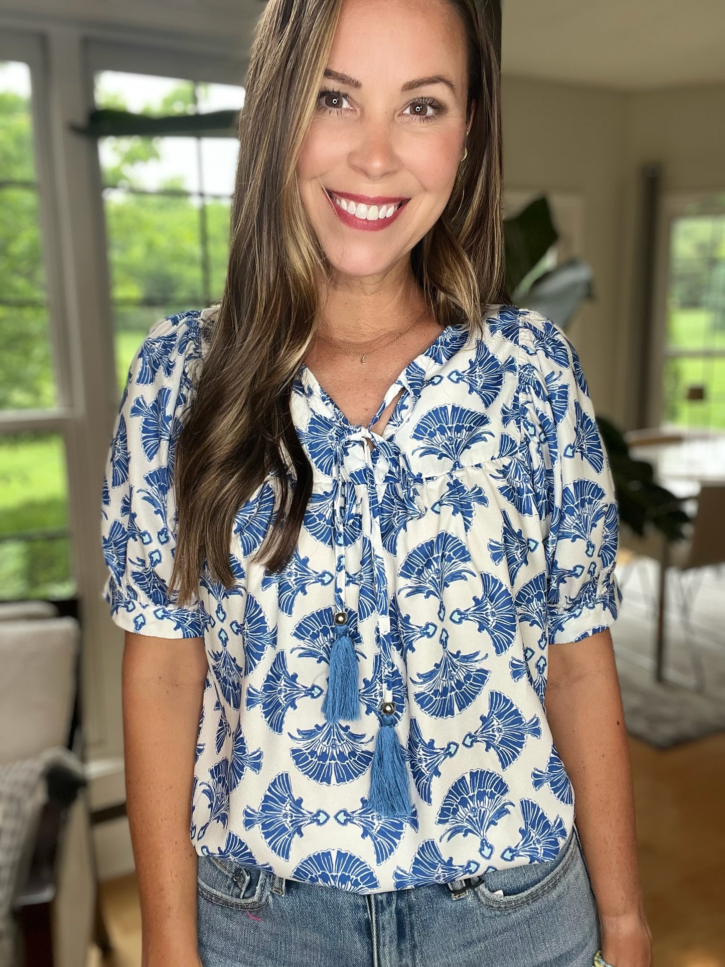 Blue and White Geometric Print Tassel Drawstring V Neck Blouse