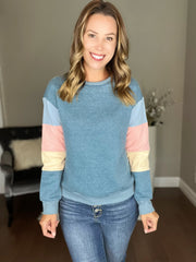 BLUE Colorblock Long Sleeve Pullover Sweatshirt