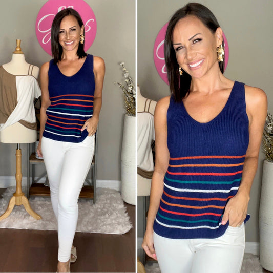 Navy Multicolor Stripes Black Knit Tank Top