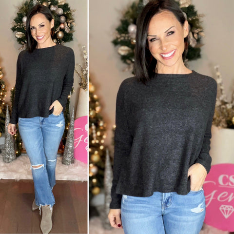 CHARCOAL RIBBED DOLMAN LONG SLEEVE SWEATER