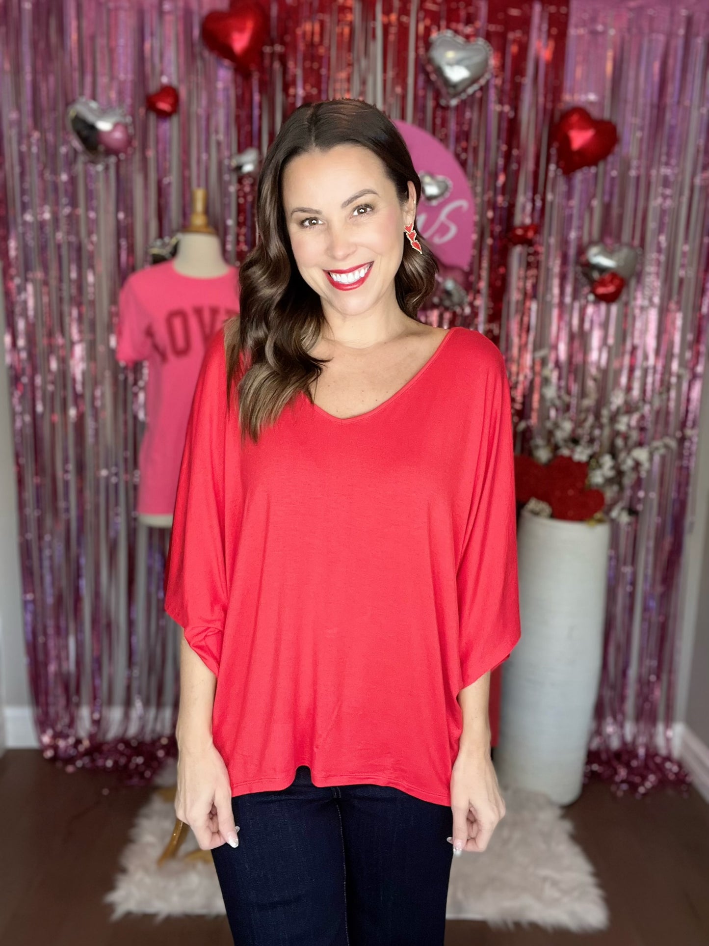 Red V Neck High Low Batwing Dolman Top