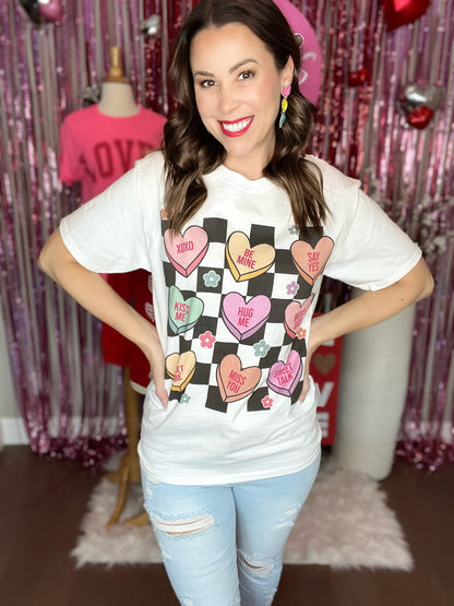 Checkerboard Conversation Hearts Graphic T-Shirt