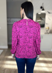 Rose Leopard Pleated Long Sleeve Blouse