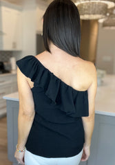 Black Ruffle One Shoulder Crinkle Tank