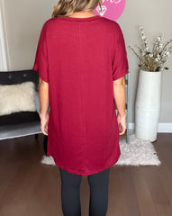 Red Side Pockets Short Sleeve Tunic Top