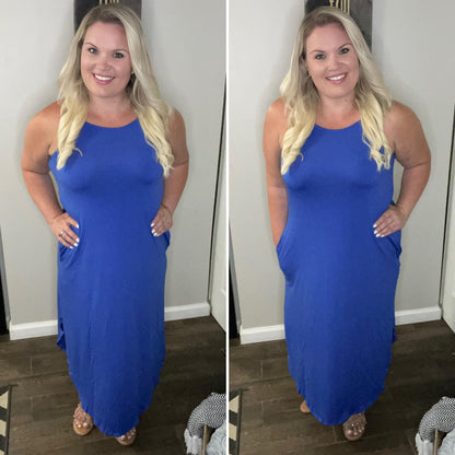 COBALT BLUE Halter Deep Slit Solid Midi Dress