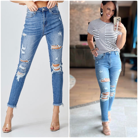 RISEN LIGHT HIGH RISE DISTRESSED SKINNY