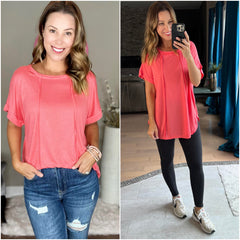 Coral Pink Round Neck Exposed Seam Sleeveless Top