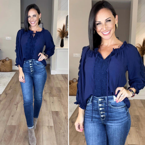 NAVY LACE PUFF SLEEVE TOP
