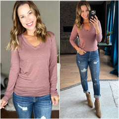 Red Bean V-Neck Long Sleeve Fitted Top