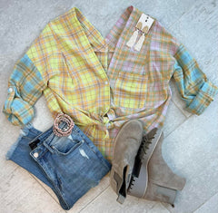 Yellow Mixed Plaid Long Sleeve V Neck Buttoned Shirt