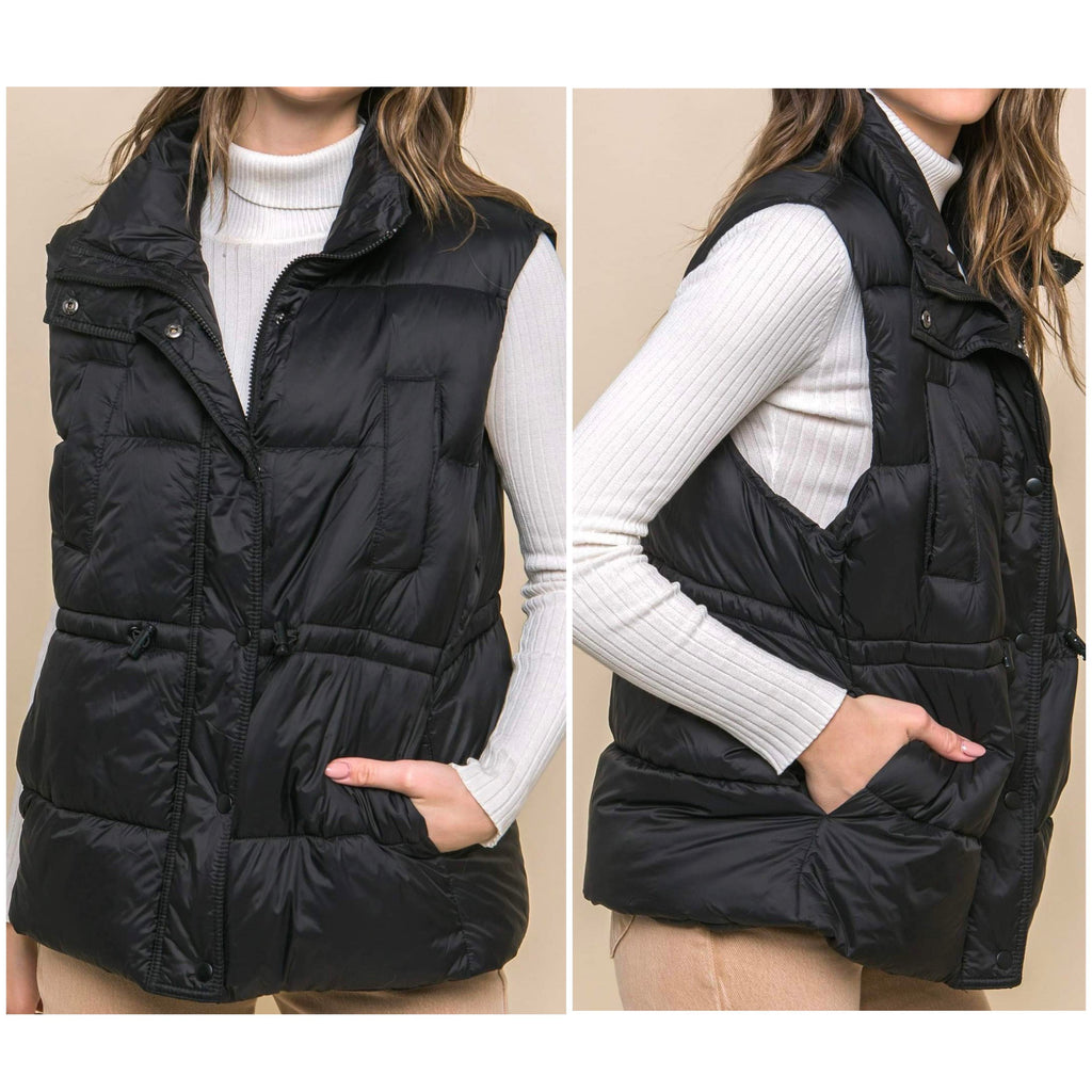 Black Zip Up Button Puffer Vest with Waist Toggles