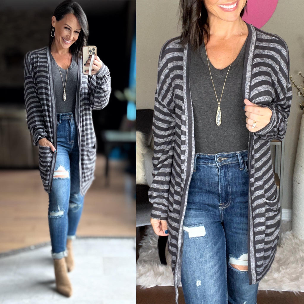CHARCOAL STRIPED OPEN CARDIGAN
