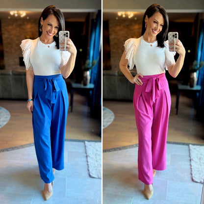 Bright Blue Solid Waist Tie Palazzo Pants