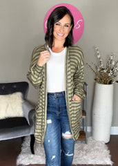 OLIVE STRIPED OPEN CARDIGAN