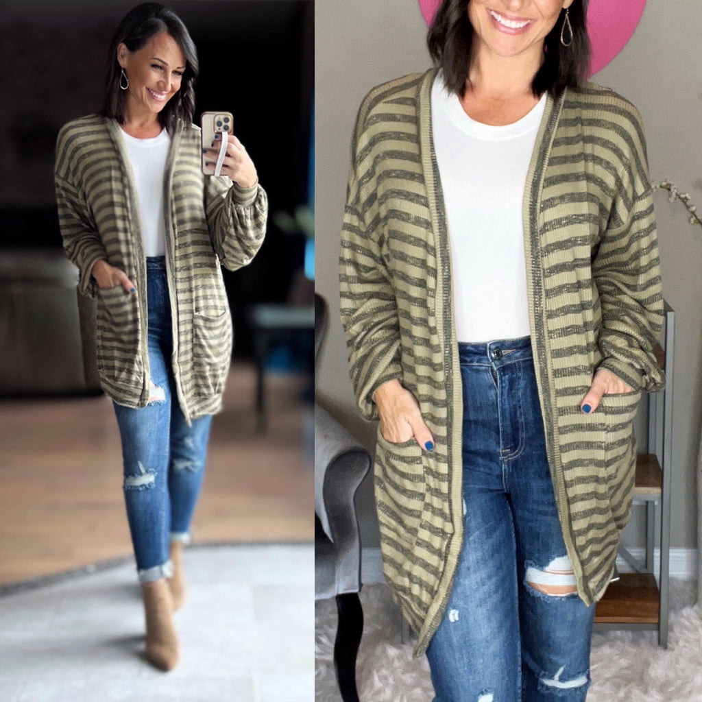 OLIVE STRIPED OPEN CARDIGAN