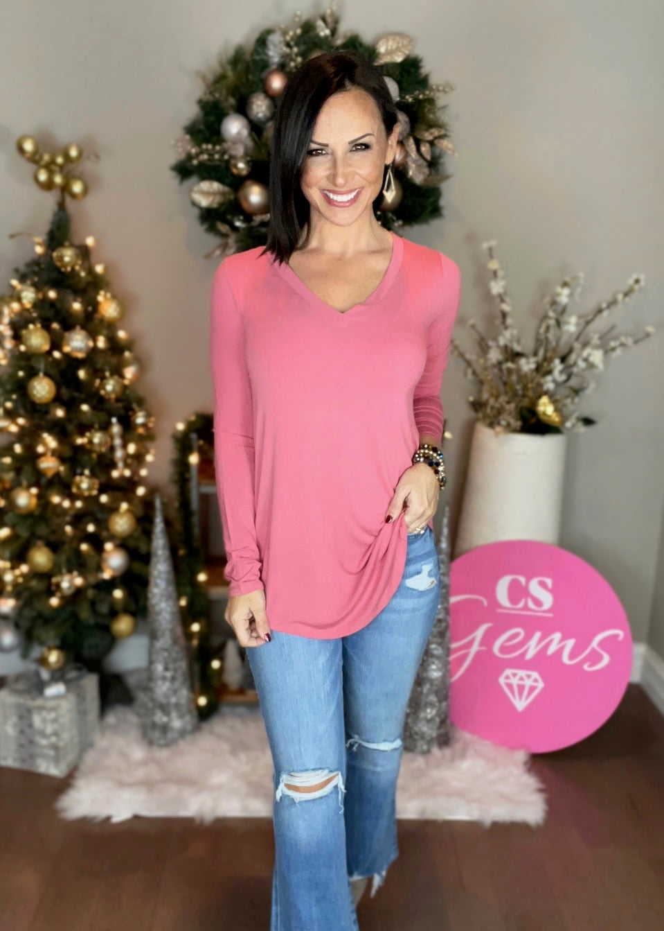 DUSTY ROSE LUXE RAYON LONG SLEEVE V-NECK DOLPHIN HEM TOP