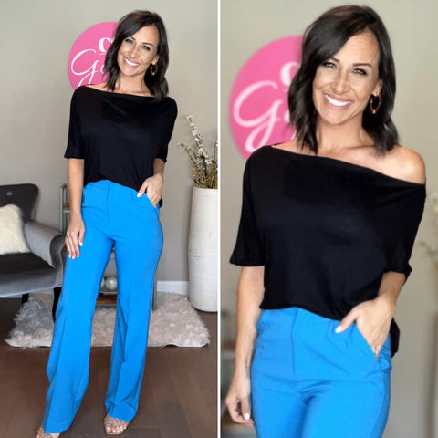 Black CHIC OFF THE SHOULDER DRAPED TOP