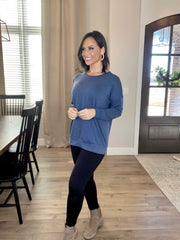 HEATHER NAVY FRENCH TERRY TOP WITH KANGAROO POCKET