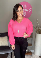Rose Long Balloon Sleeve Splicing Textured Top